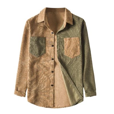 Vintage Shirts for Men Striped Long Sleeve Shirt Autumn Winter Retro Corduroy Shirt Casual Button Down Shirts VOWUA B Army Green