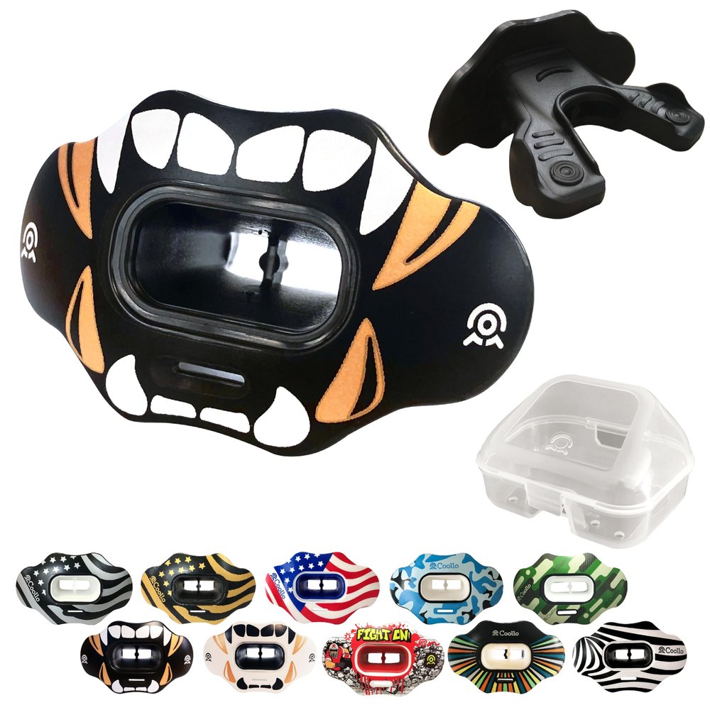 COOLLO SPORTS Lip Guard Mouthguard MAXX/Might Football and High Impact Sports Lip Protector for Adults & Youth (Strap Included) (Golden White Fangs -(One Layer), with Case (Adult 8+))