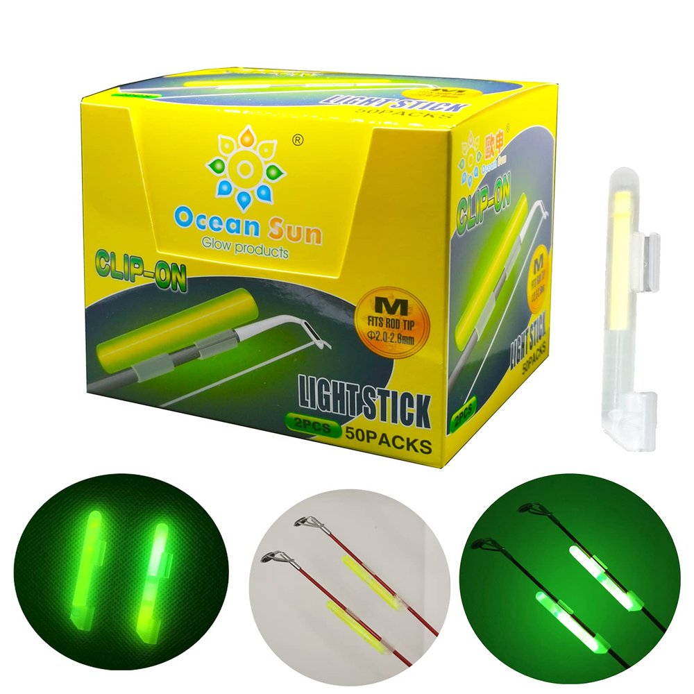 LINGUANG 100PCS Ocean Sun Clip Snap On Fishing Glow Sticks Rod Tips Pole Light for Catfishing Surf Bank in The Dark