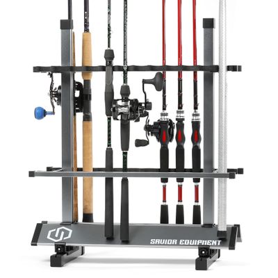 Savior Equipment Fishing Rod Rack Holder Organizer, Lightweight Aluminum Vertical Fish Pole Garage Storage Ground Display Stand, Hold Up to 24 Slots Fresh Salt Water Spinning Rods & Reel Combo, Gray