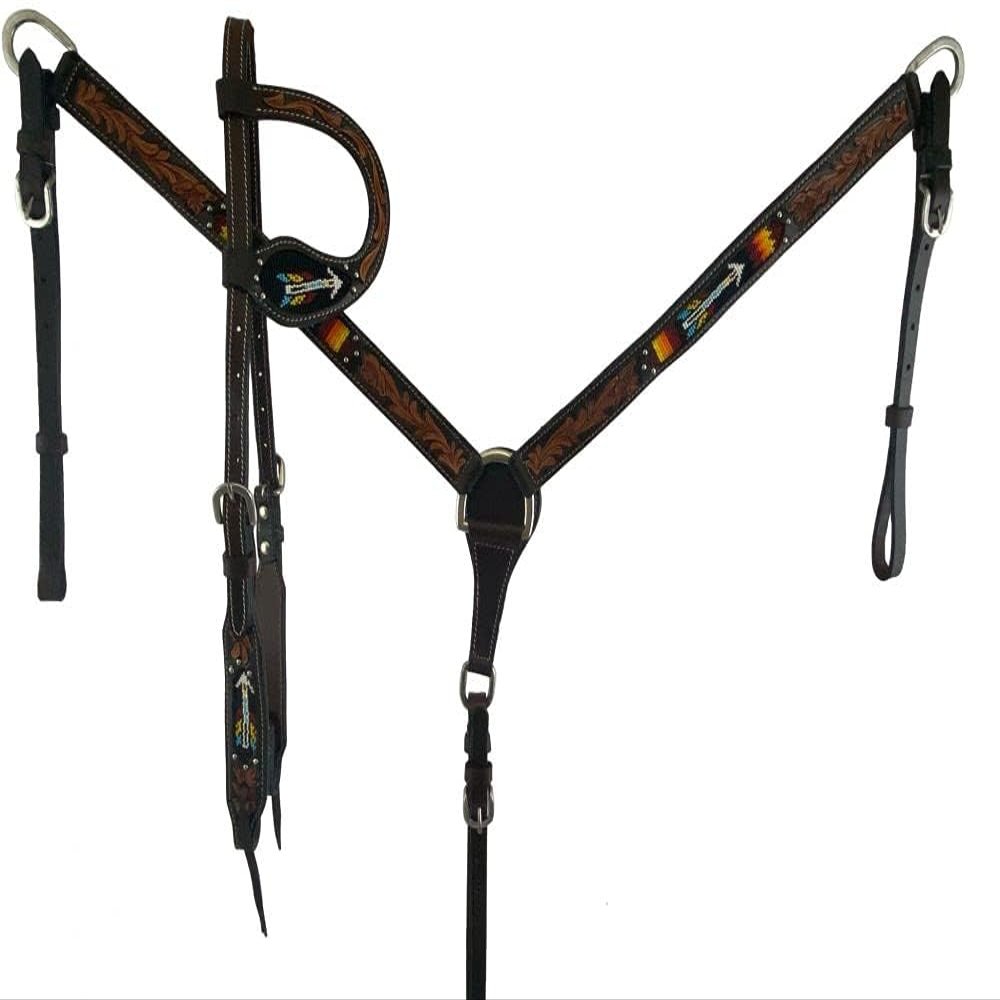 Showman Beaded Arrow Design Argentina Leather Headstall & Breast Collar Set, Average Full Size Horse