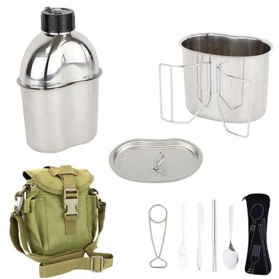 MASTIFF GEARS 304 (18/8) Stainless Steel (FDA Compliant) US G.I Style Canteen Kit Cooking Set Camping Canteen Mess Kit with Cup, Lid, MOLLE Pouch for Camping (Army Green)