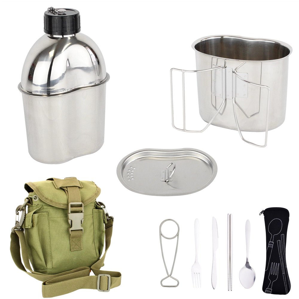MASTIFF GEARS 304 (18/8) Stainless Steel (FDA Compliant) US G.I Style Canteen Kit Cooking Set Camping Canteen Mess Kit with Cup, Lid, MOLLE Pouch for Camping (Army Green)