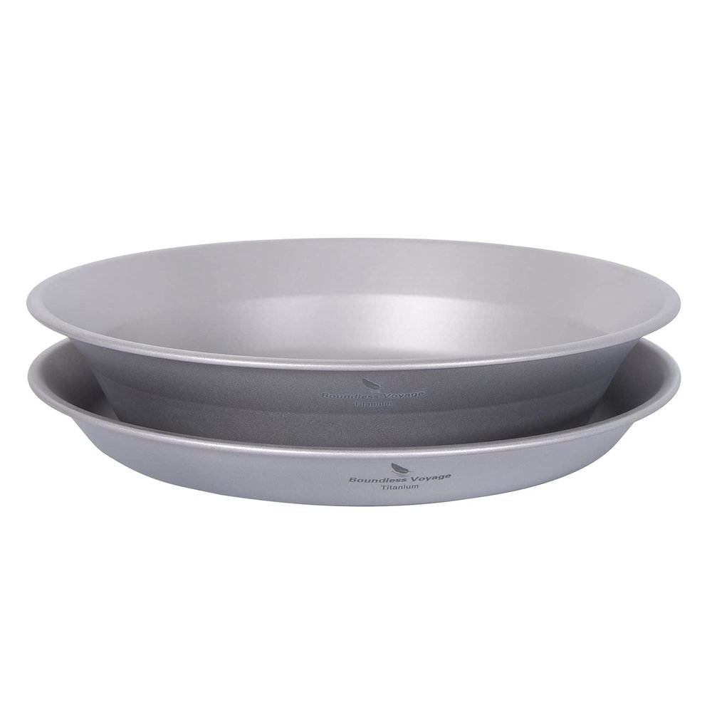 iBasingo Titanium Camping Plates and Bowls Set with Mesh Bag - 174mm Ultralight Backpacking Dinnerware for Hiking, Survival Kit & Outdoor Cooking (61g Plate + 67g Bowl) Ti1113T