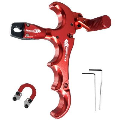 xxiaojun Compound Bow Aid Releaser and D Loop RopeAdjustable Can Rotate 360 Thumb Release Bow Aluminum Alloy AidsArchery Release Aids (4 Fingers - Bow Release -Red)