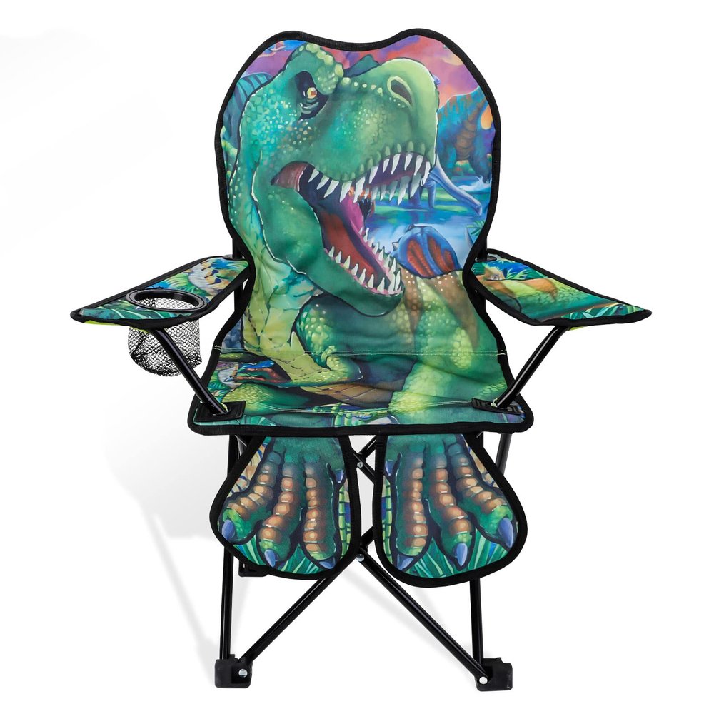 KABOER Kids Outdoor Folding Lawn and Camping Chair with Cup Holder and Carrying Bag, Children's Camping Chairs for Outdoor Beach Travel (Green Dinosaur)
