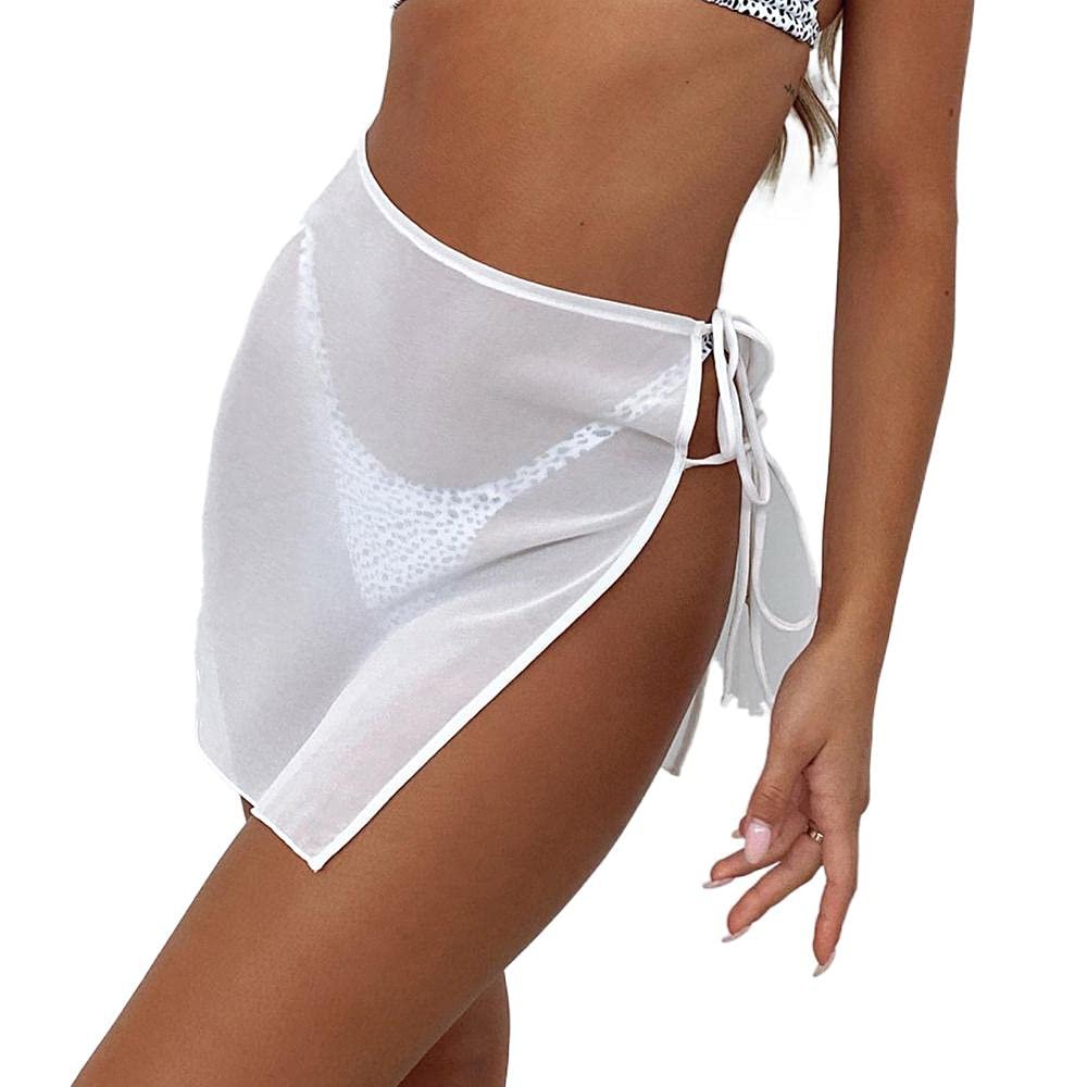 KnniMorning TEES Women's Sheer Mesh Mini Skirts See-Through High Waist Solid Skater Skirt Beach Cover-ups (Split White, S)