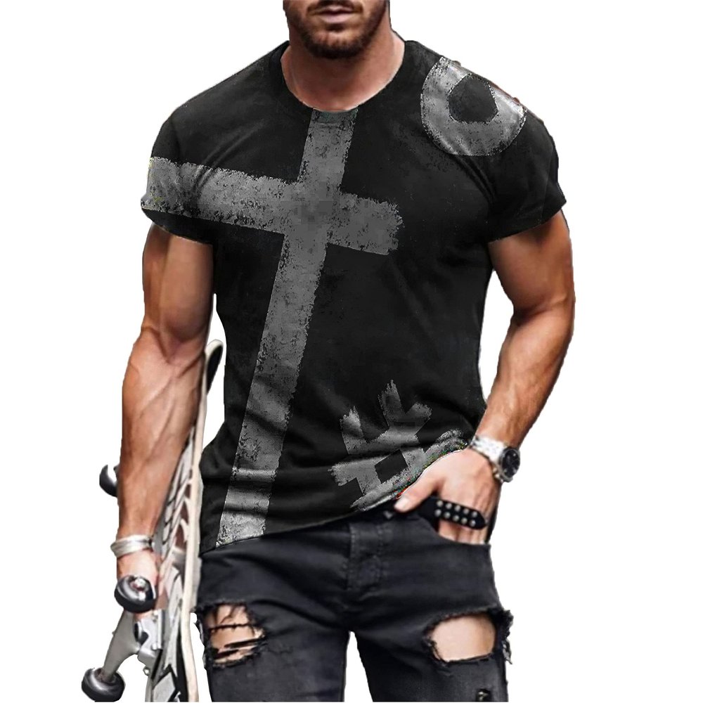 Men's Vintage Oil Painting Faith Jesus Cross Print Casual T-Shirts Christ Crewneck Sweatshirt Short Sleeve Shirts for Men
