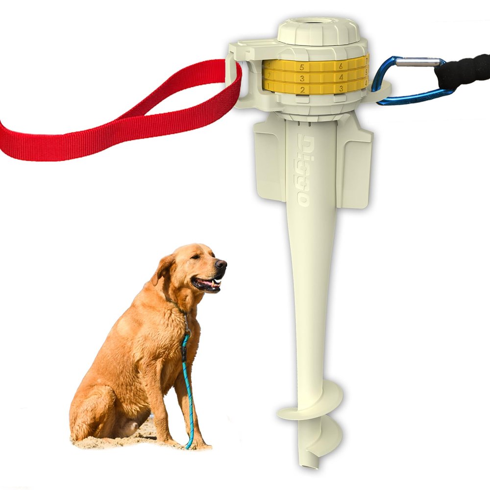 Diggo Dog Stake Beach Anchor - Dog Beach Essentials for All Dog Sizes - Unique 360 Head Rotating Combination Beach Lock System, Heavy Duty Tie Out Stake, Umbrella Sand Anchor, Designed for The Beach
