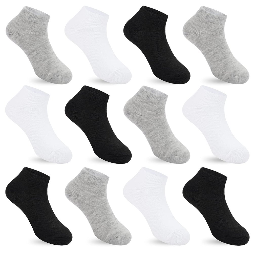 Auranso 12 Pairs Boy Athletic Ankle Socks Girl Low Cut Sock White Black Grey 6-8 Years