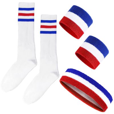5 Pieces Red White and Blue Sweatbands Set and Striped Socks 80s Sweatbands 90s Costume Wrist Sweat Bands for Men and Women Sports Headbands (Red/White/Blue)