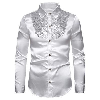 Mens Sequin Patchwork Shirts Western Festival Shirt Casual Dance Stage Chemise White US Size L