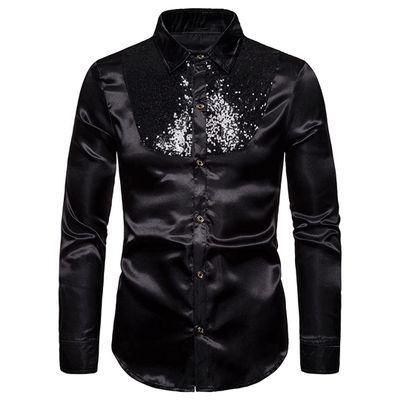 Mens Sequin Patchwork Shirts Western Festival Shirt Casual Dance Stage Chemise Black US Size S