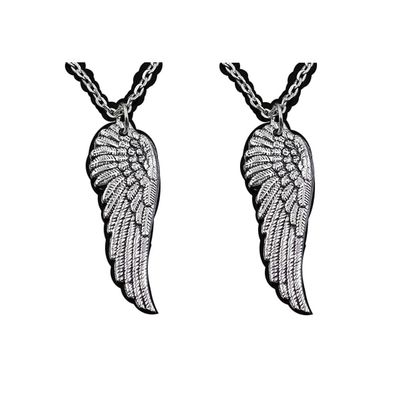 2Pcs Angel Wings Pendants Round Cross Chain Mens Womens Ancient Silver Color Necklace Jewelry Gift