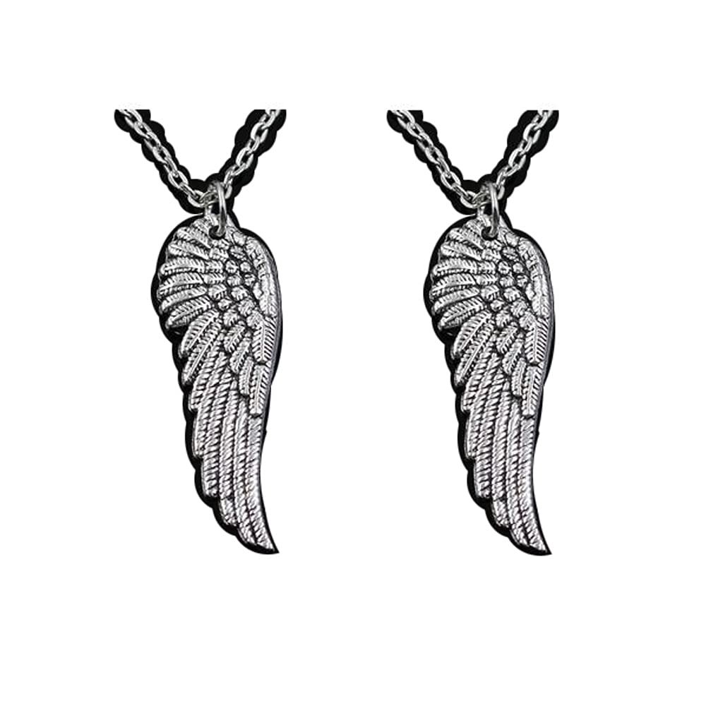 2Pcs Angel Wings Pendants Round Cross Chain Mens Womens Ancient Silver Color Necklace Jewelry Gift