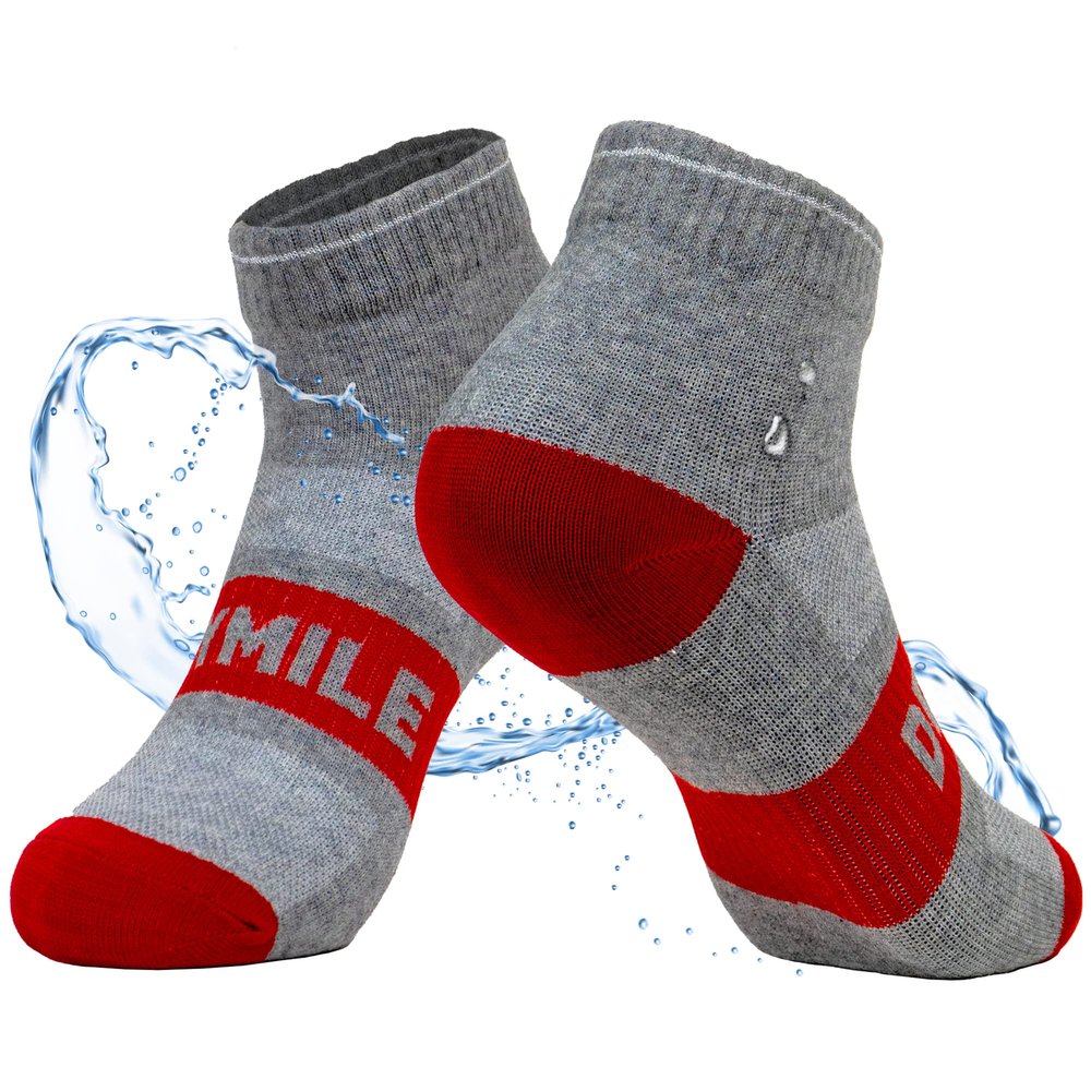 DRYMILE Active Waterproof Socks, Breathable Cushioned Running, Hiking, Winter Waterproof Socks for Men & Women - Ankle (X-Large, Grey/Red)