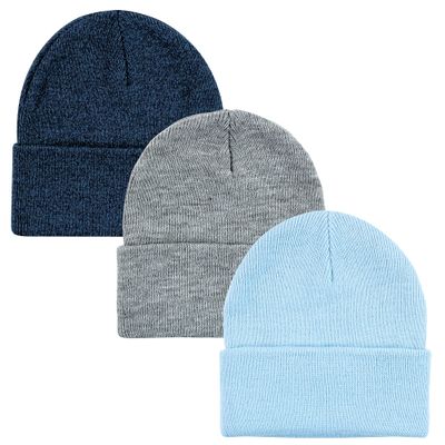 Hudson Baby Unisex Baby Knit Cuffed Beanie 3pk, Light Blue, Adult