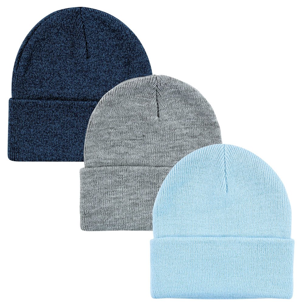 Hudson Baby Unisex Baby Knit Cuffed Beanie 3pk, Light Blue, Adult