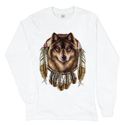Wolf Spirit Long Sleeve T-Shirt Native American Dreamcatcher Indigenous White X-Large