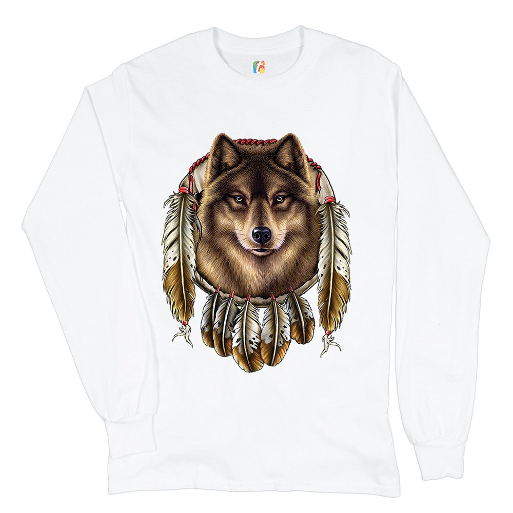 Wolf Spirit Long Sleeve T-Shirt Native American Dreamcatcher Indigenous White X-Large