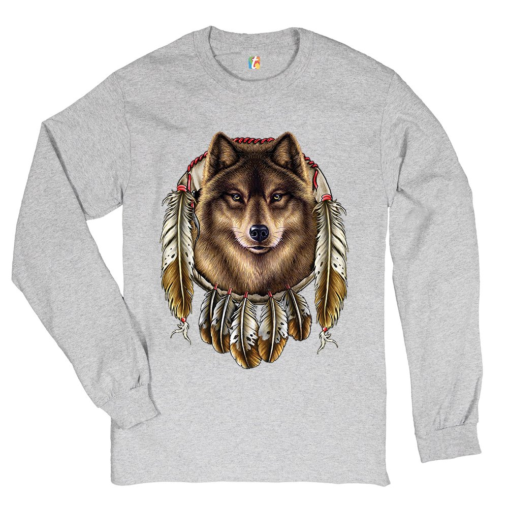 Wolf Spirit Long Sleeve T-Shirt Native American Dreamcatcher Indigenous Grey Small