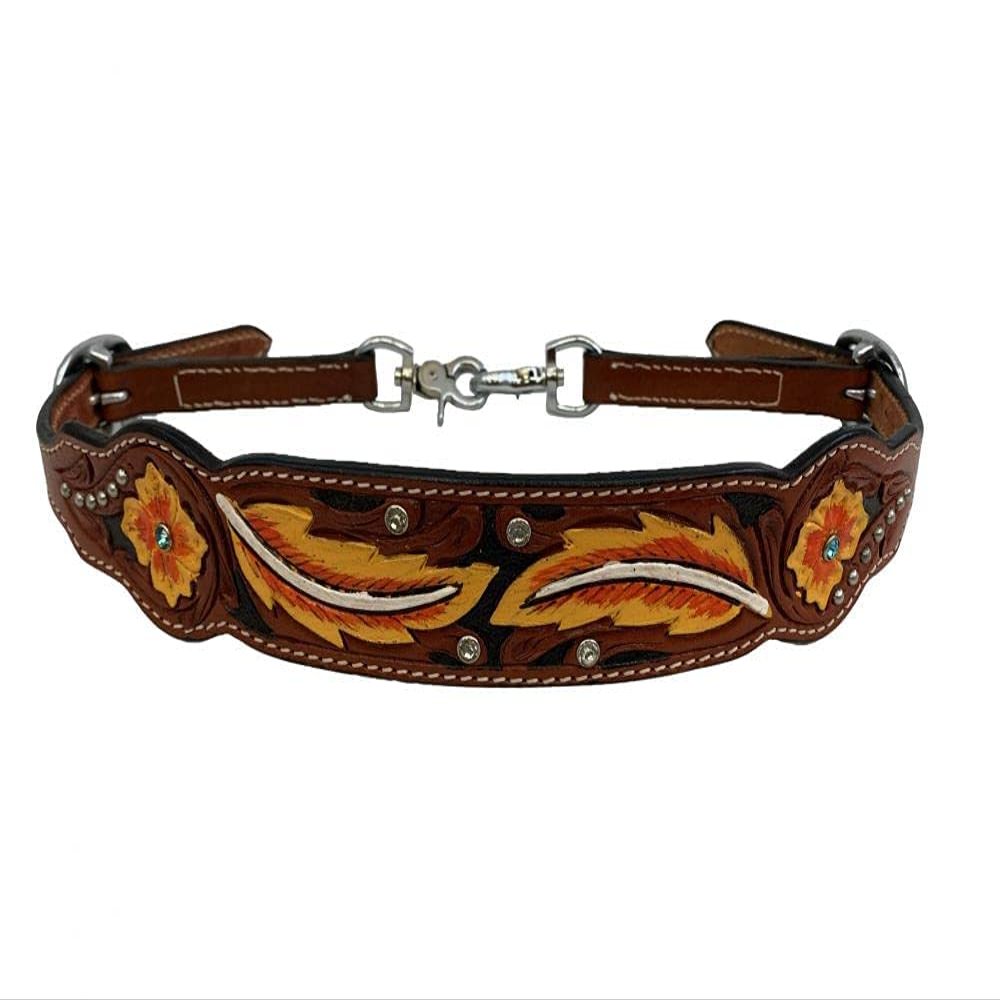 Showman Hand Painted Floral & Feather Design Leather Wither Strap