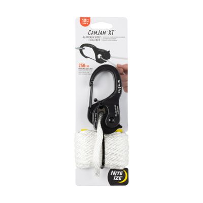 Nite Ize CamJam XT Aluminum Rope Tightener - Versatile Tie Down Cam Mechanism with Carabiner Clip - Secure Hiking Gear Essential - Rope Tie Down Accessory - Black/White