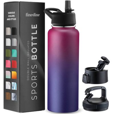 FineDine Water Bottle - Stainless Steel Insulated Water Bottle with Straw Lid, Flip Lid & Wide-Mouth Cap - Keeps Hot and Cold - 40 Oz / 1.18L - Dreamy Purple