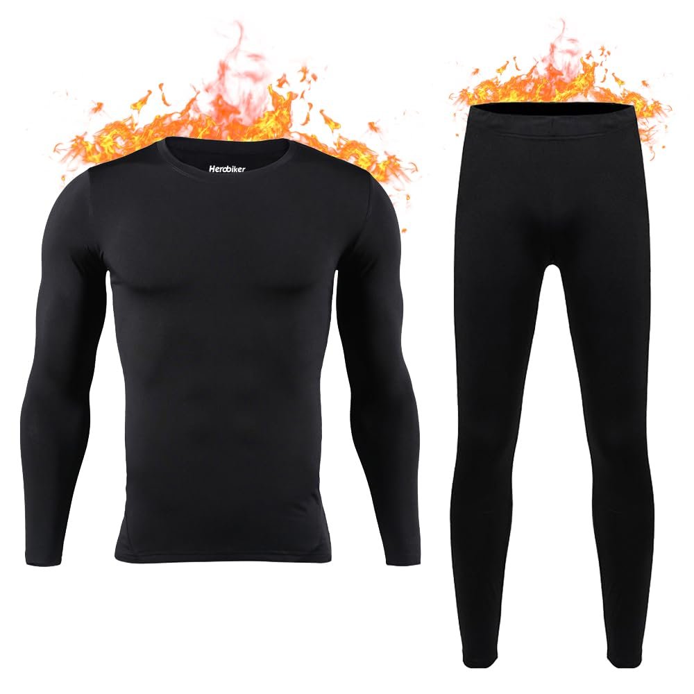 HEROBIKER Mens Thermal Underwear Set Skiing Winter Warm Base Layers Tight Long Johns Top & Bottom Set with Fleece Lined Black Small