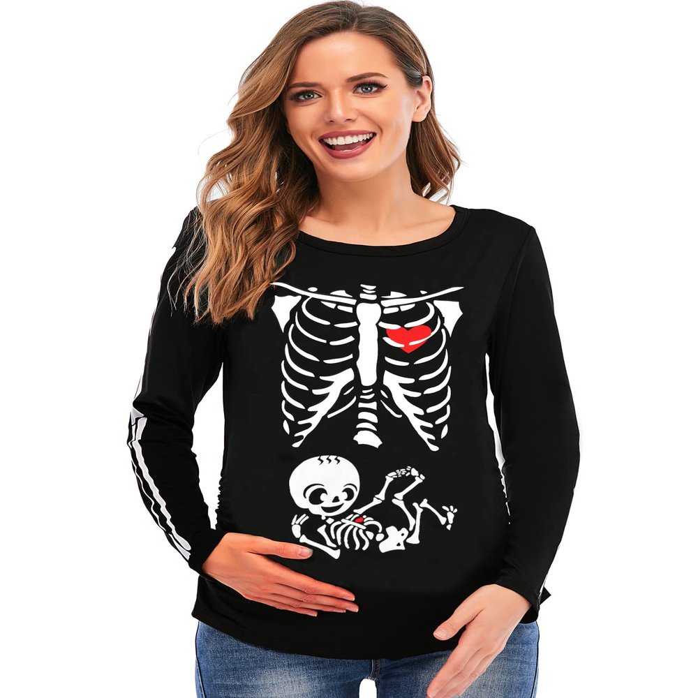 Women's Halloween Maternity Skeleton Outfits Tops Long Sleeve Pregnancy Shirt Skeleton Baby XL