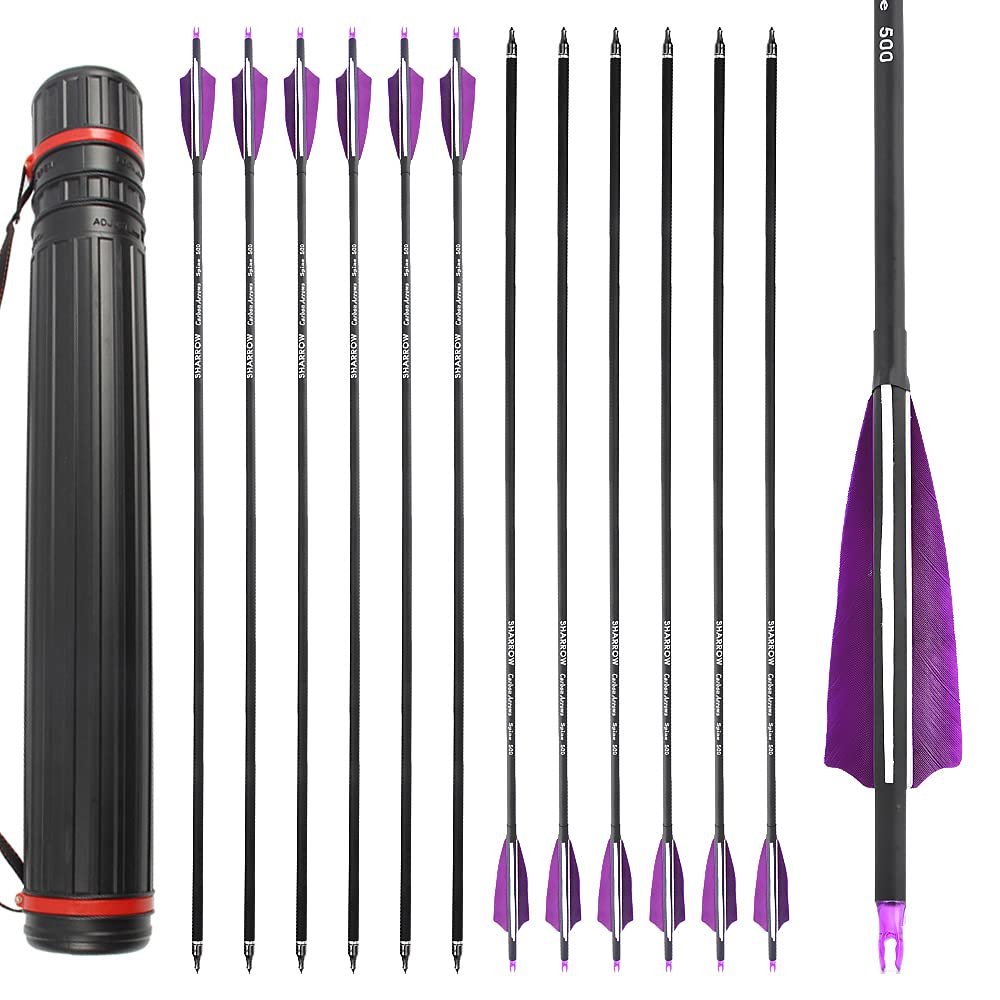 ZSHJGJR 30 Inch Archery Carbon Arrows Spine 500 Hunting Arrows with Arrow Tube Quiver Set with 4 Turkey Feather Target Practice Arrows for Compound & Recurve & Traditional Bow (Purple)