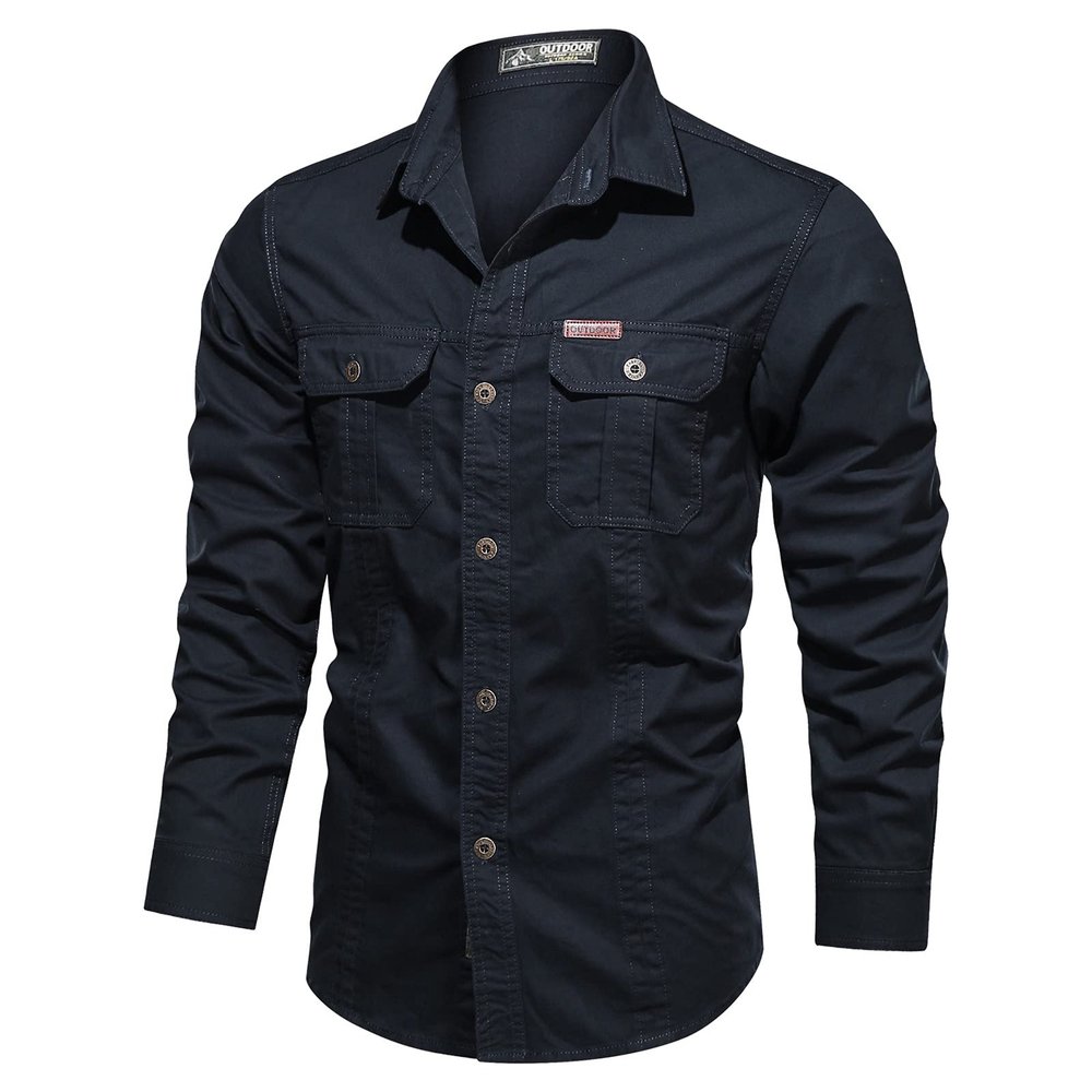 Saohuo Men's Cargo Long Sleeve Washed Shirt Military Style Outdoor Cotton Button Turn-Down Plus Sizes Windproof Shirts, Blue, 3X-Large