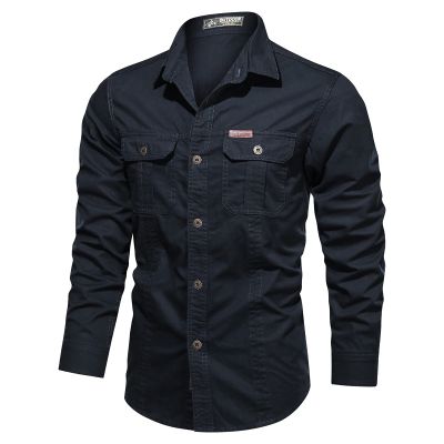 Saohuo Men's Cargo Long Sleeve Washed Shirt Military Style Outdoor Cotton Button Turn-Down Plus Sizes Windproof Shirts, Blue, X-Large