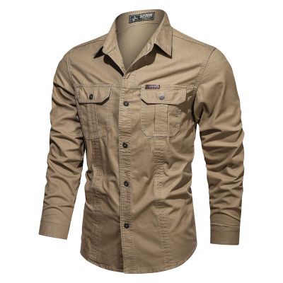 Saohuo Men's Cargo Long Sleeve Washed Shirt Military Style Outdoor Cotton Button Turn-Down Plus Sizes Windproof Shirts, Khaki, XX-Large