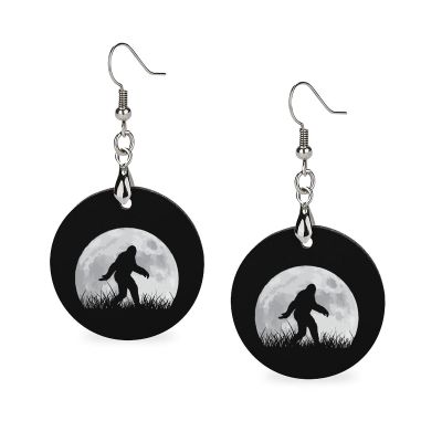 Funny Bigfoot Sasquatch Full Moon Round Wooden Earrings Pendant Personality Dangle For Women