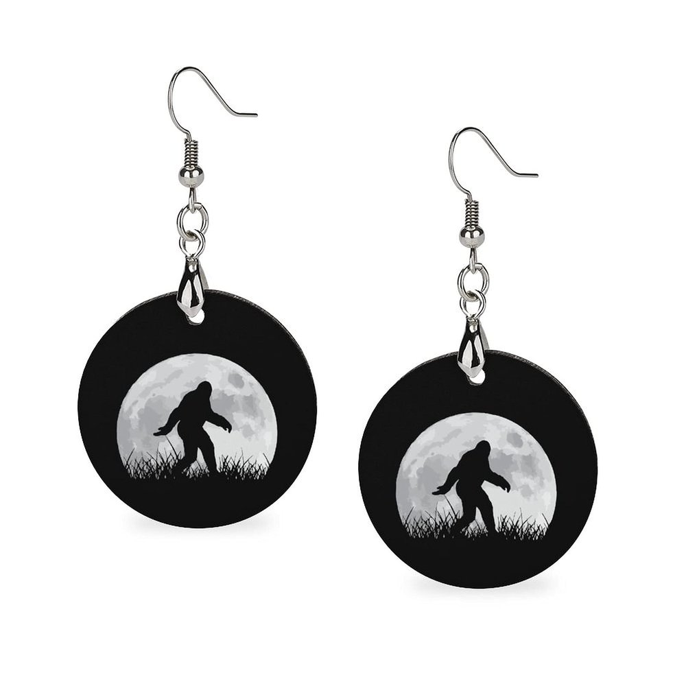 Funny Bigfoot Sasquatch Full Moon Round Wooden Earrings Pendant Personality Dangle For Women