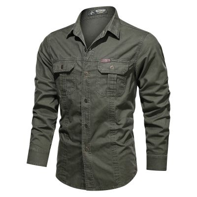 Saohuo Men's Cargo Long Sleeve Washed Shirt Military Style Outdoor Cotton Button Turn-Down Plus Sizes Windproof Shirts, Green, XX-Large
