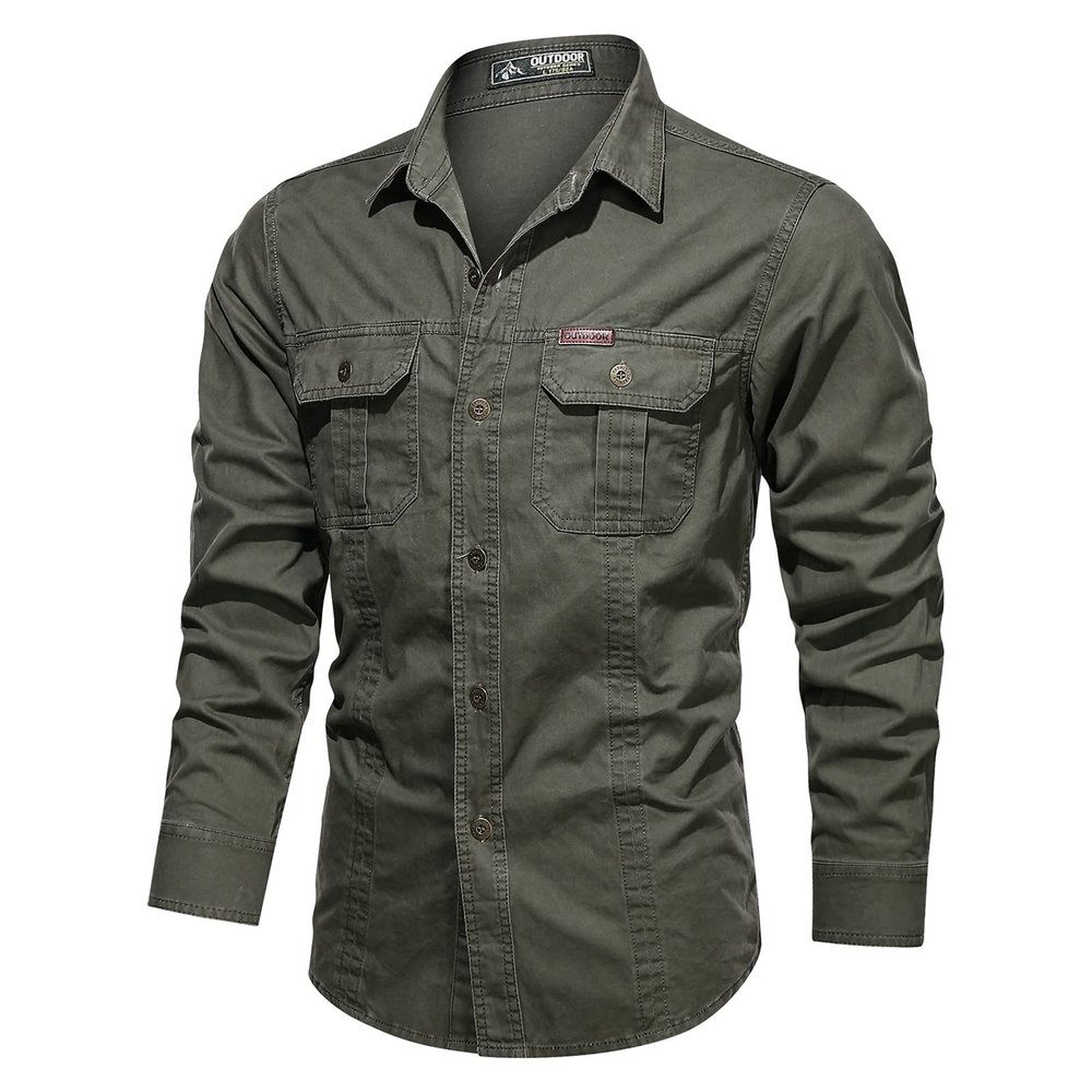 Saohuo Men's Cargo Long Sleeve Washed Shirt Military Style Outdoor Cotton Button Turn-Down Plus Sizes Windproof Shirts, Green, XX-Large