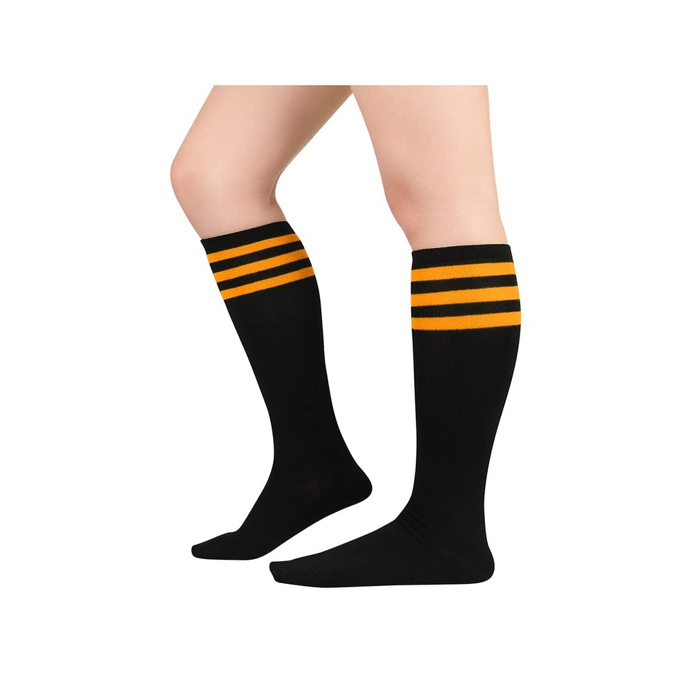 Century Star Knee High Socks for Women - Triple Stripe Tube Socks, Thigh High Tights, 1 Pack, Black & Orange, One Size