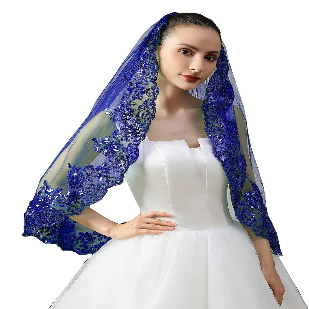 EllieHouse 1 Tier Short Lace Sequin Wedding Bridal Veil With Comb X77 Royal Blue