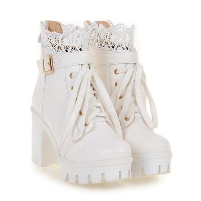 Hbeylia Women's Platform Combat Boots Fashion Lace Leather Chunky Pump Ankle Booties Leather Goth Anti Slip Lace Up High Heels Riding Short Boots For Women Bride Wedding Halloween Cosplay Party