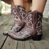 Hbeylia Cowboy Boots For Women Vintage Embroidery Pointed Toe Chunky Mid-Heels Western Cowgirls Boots Retro Slip On Wide Mid Calf Boots Riding Knight Ankle Booties view 2