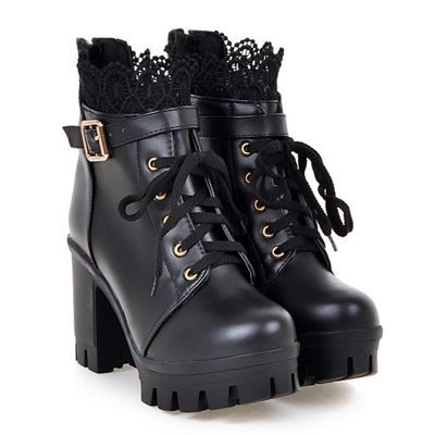 Hbeylia Women's Platform Combat Boots Fashion Lace Leather Chunky Pump Ankle Booties Leather Goth Anti Slip Lace Up High Heels Riding Short Boots For Women Bride Wedding Halloween Cosplay Party