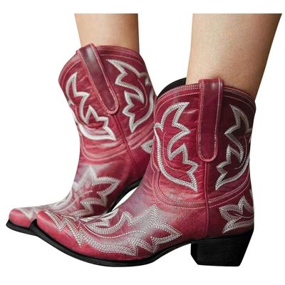 Hbeylia Cowboy Boots For Women Vintage Embroidery Pointed Toe Chunky Mid-Heels Western Cowgirls Boots Retro Slip On Wide Mid Calf Boots Riding Knight Ankle Booties