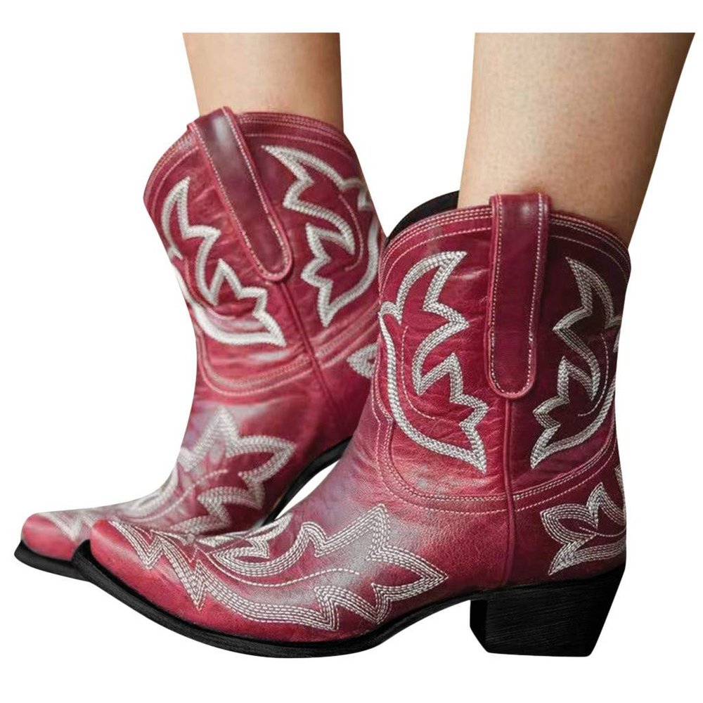 Hbeylia Cowboy Boots For Women Vintage Embroidery Pointed Toe Chunky Mid-Heels Western Cowgirls Boots Retro Slip On Wide Mid Calf Boots Riding Knight Ankle Booties
