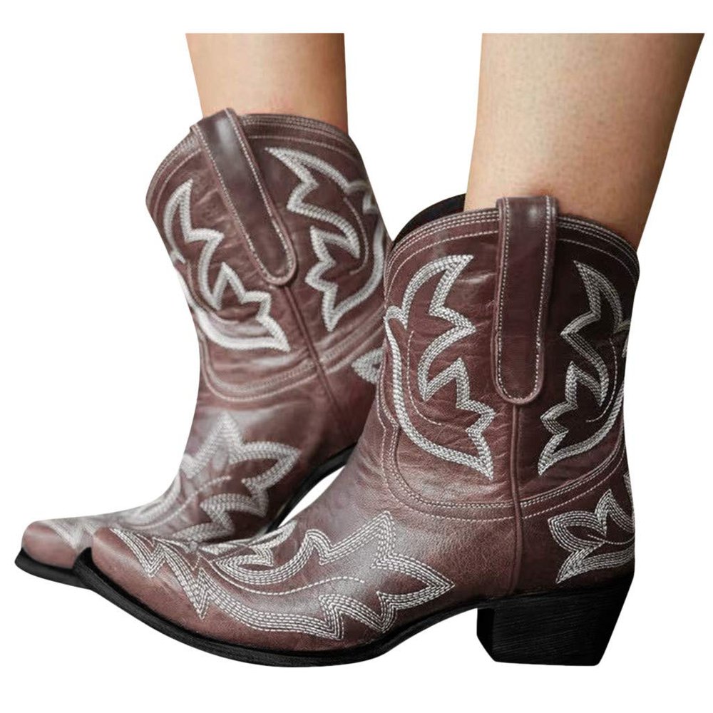 Hbeylia Cowboy Boots For Women Vintage Embroidery Pointed Toe Chunky Mid-Heels Western Cowgirls Boots Retro Slip On Wide Mid Calf Boots Riding Knight Ankle Booties