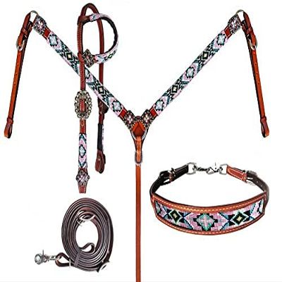 Showman Leather Headstall & Breast Collar Set w/Pastel Beaded Southwest Design