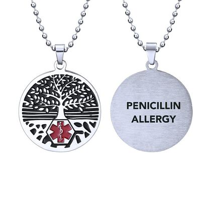 RENYILIN Stainless steel tree of life medical alert ID emergency first aid necklace (PENICILLIN ALLERGY)