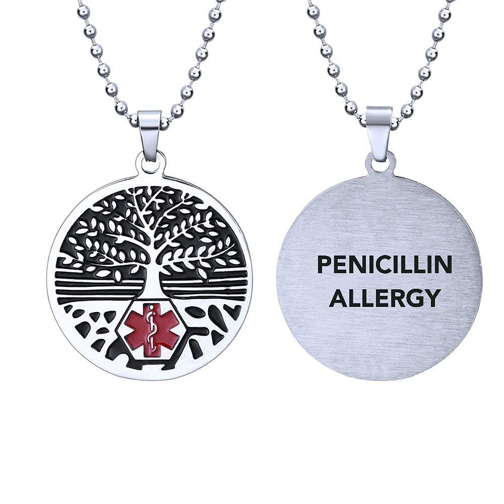 RENYILIN Stainless steel tree of life medical alert ID emergency first aid necklace (PENICILLIN ALLERGY)