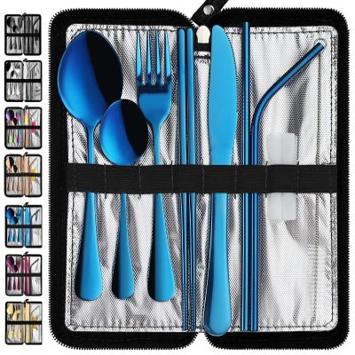 VANDBAO Portable Travel Utensils, Reusable Silverware with Case for Fixing Tableware, 9 Pieces Stainless Steel Stable Flatware Set, Camping Picnic Cutlery Set (Blue Set)